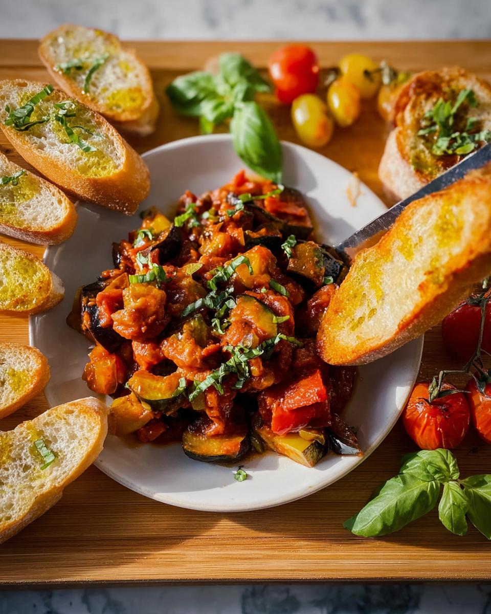 Teller mit Ratatouille mit Baguette Scheiben, garniert mit Basilikum.