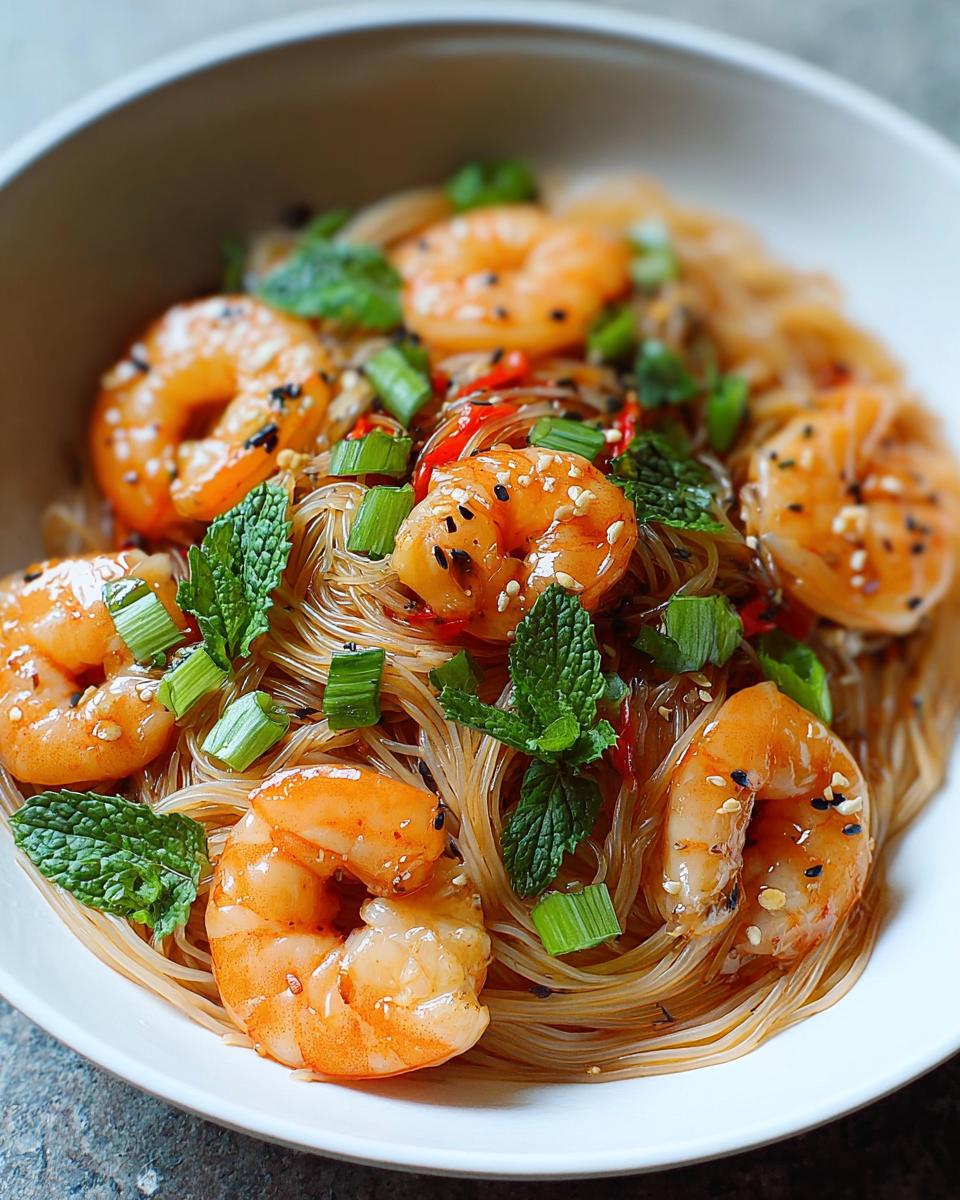 Nahaufnahme von leckerem Reisnudelsalat mit Garnelen, Minze und Frühlingszwiebeln.