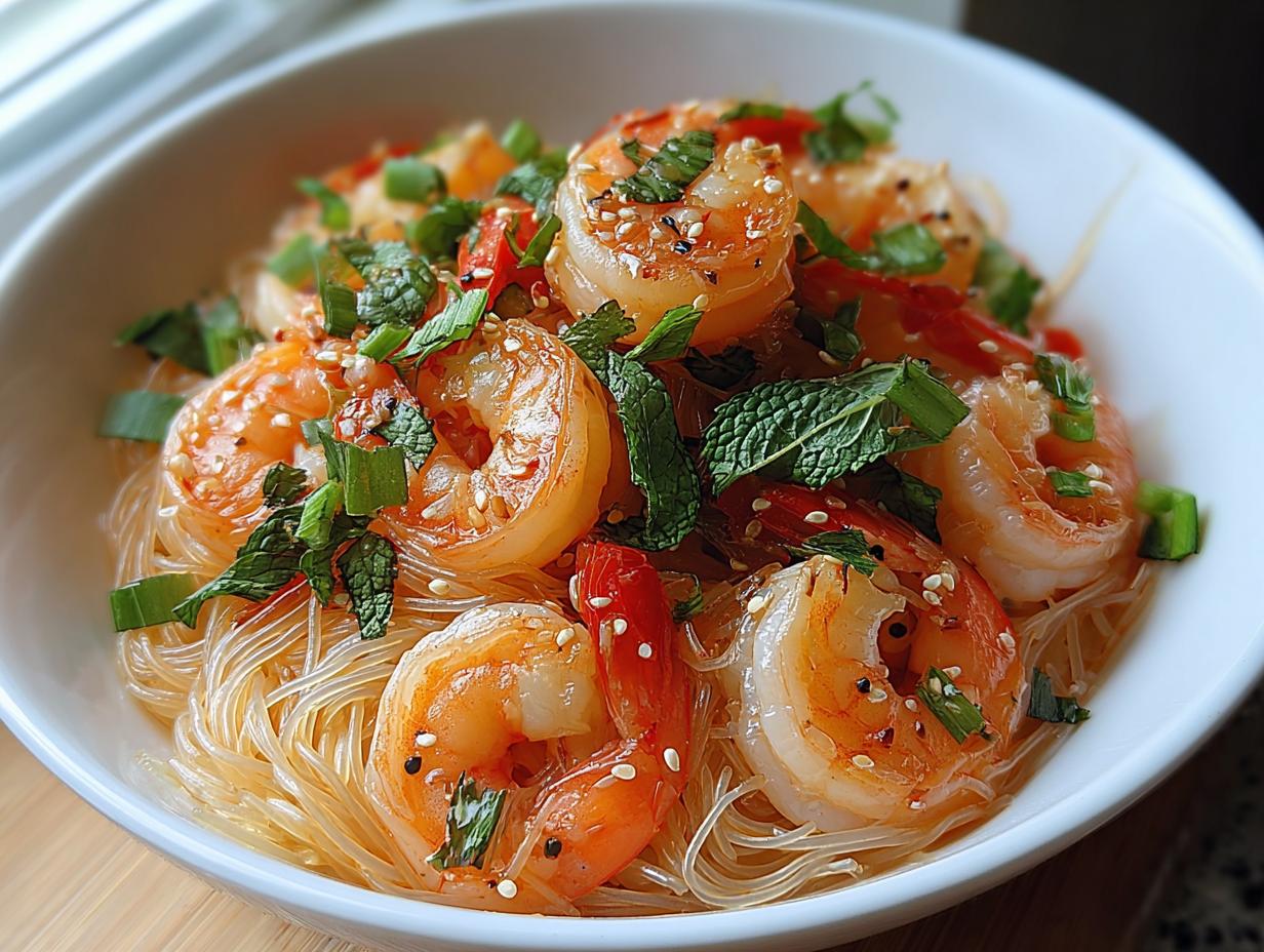 Nahaufnahme eines köstlichen Reisnudelsalat mit Garnelen & Limette, garniert mit Minze und Sesam.