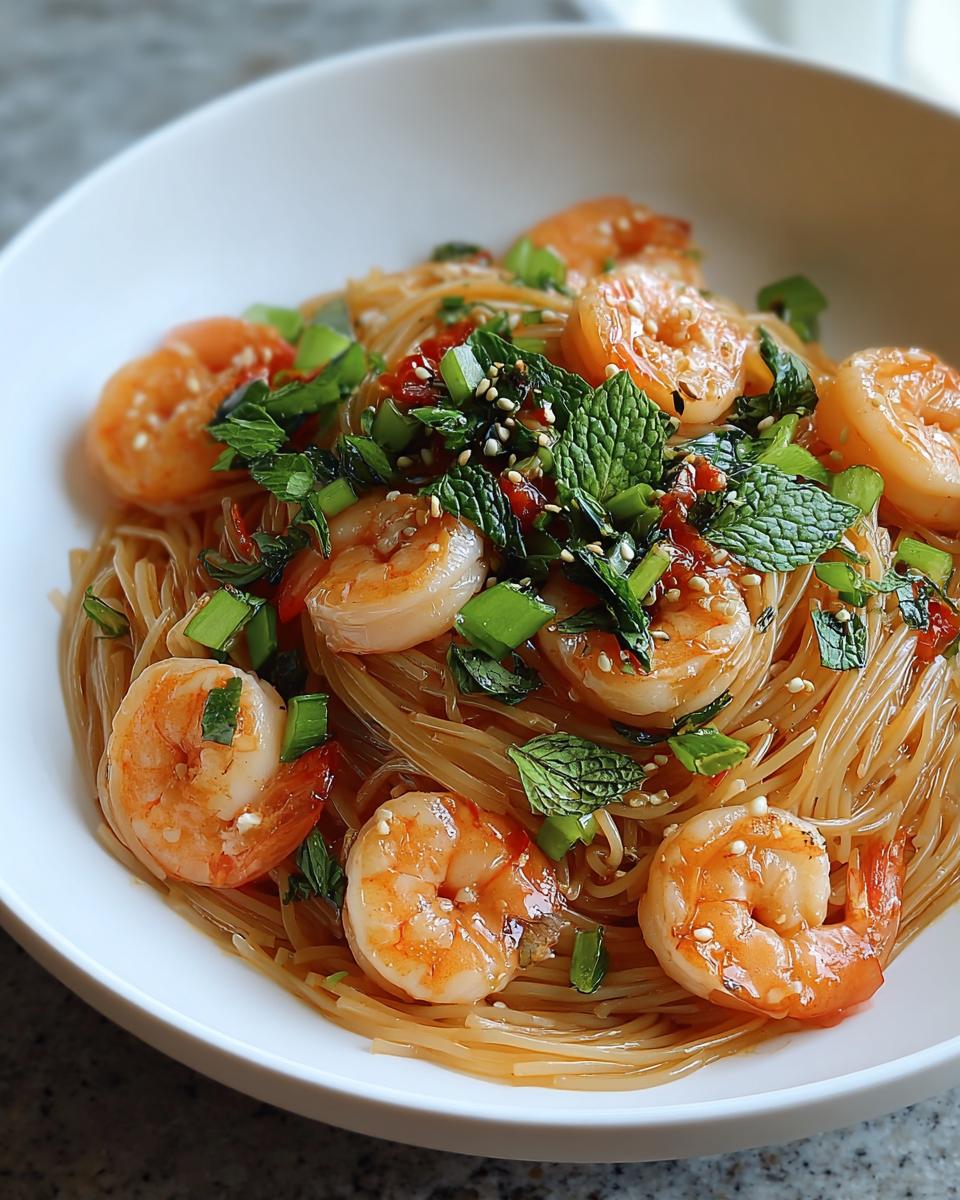 Nahaufnahme eines weißen Tellers mit Reisnudelsalat mit Garnelen, Minze und Frühlingszwiebeln.