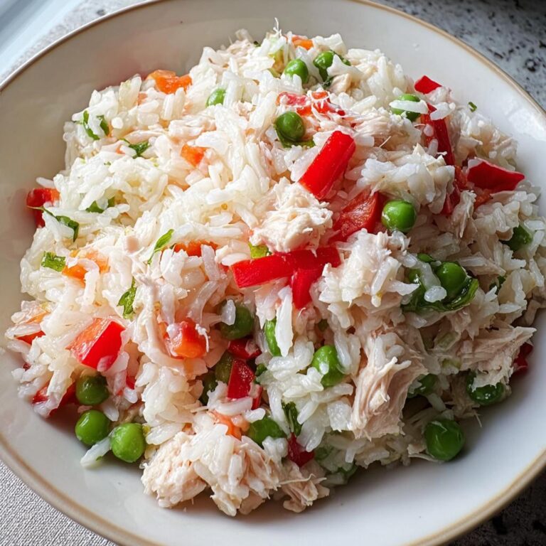 Nahaufnahme von Reissalat mit Thunfisch, Paprika & Erbsen in einer hellen Schüssel.