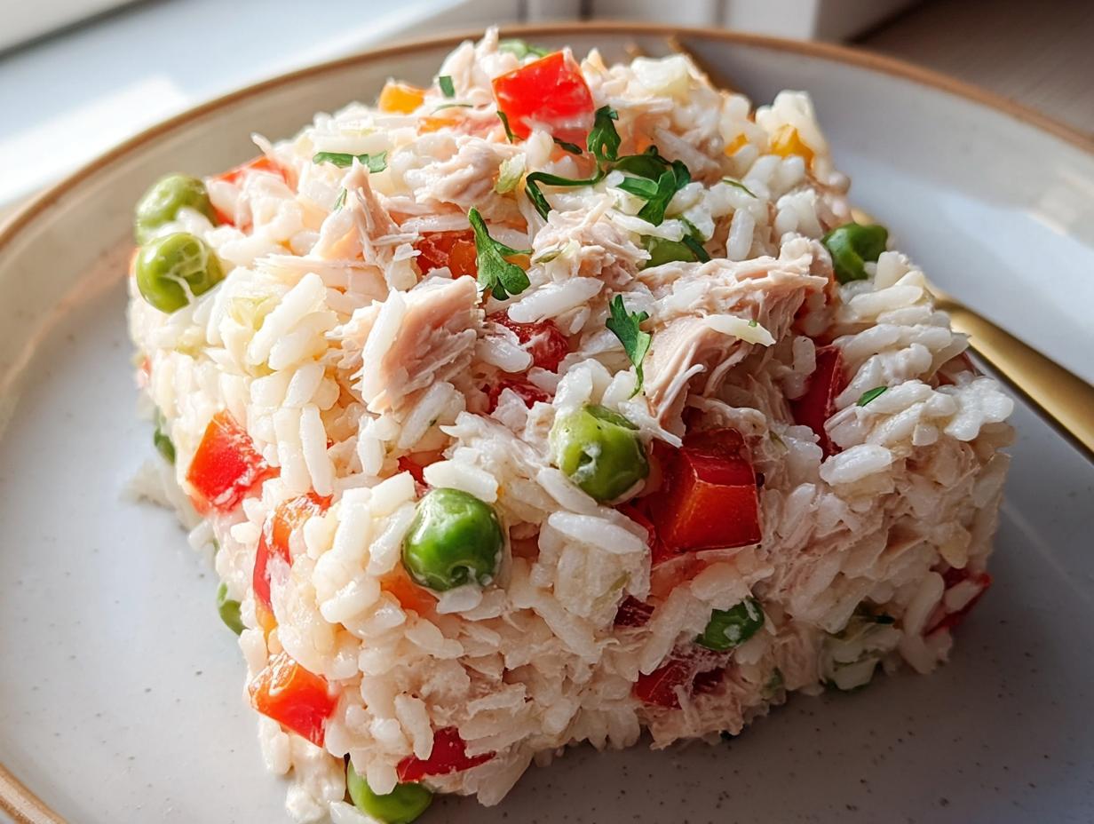Eine Portion Reissalat mit Thunfisch, Paprika und Erbsen, appetitlich angerichtet auf einem Teller.
