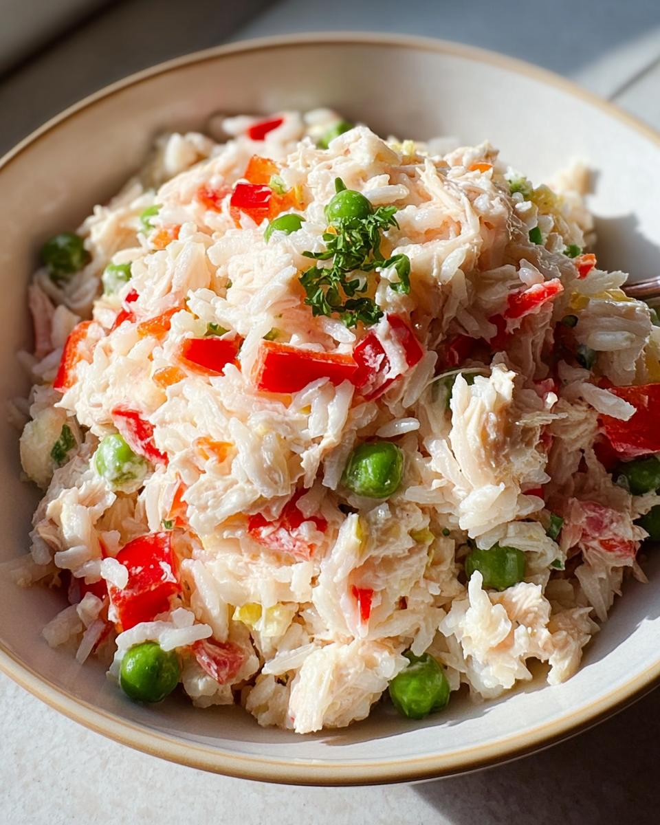 Nahaufnahme eines cremigen Reissalat mit Thunfisch, Paprika und Erbsen, garniert mit Petersilie.