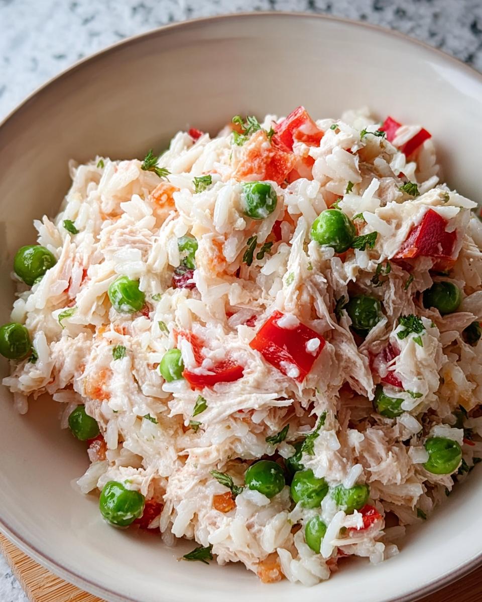 Nahaufnahme des cremigen Reissalat mit Thunfisch, Paprika & Erbsen, garniert mit grünen Erbsen und roten Paprikastücken.