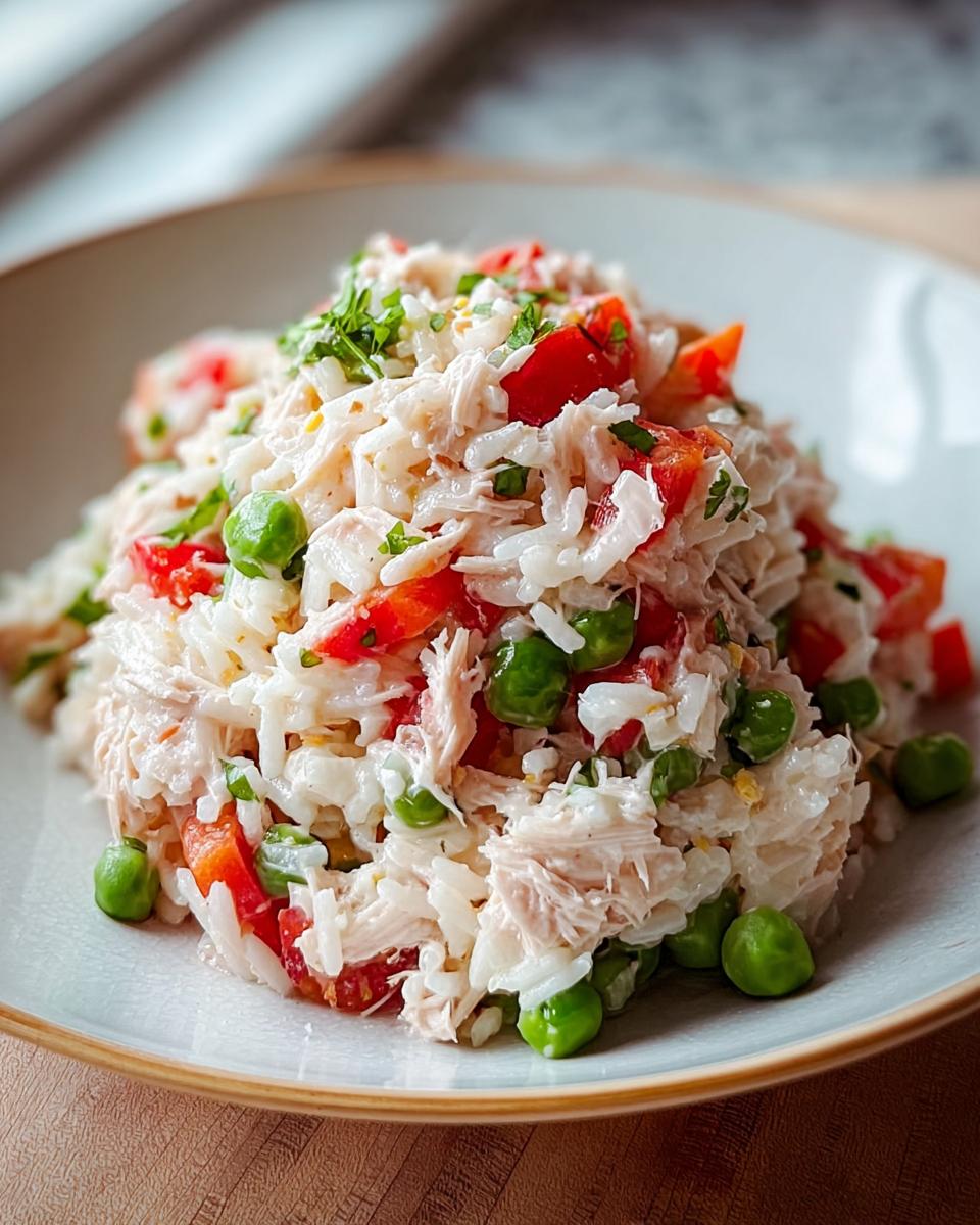 Nahaufnahme eines Reissalat mit Thunfisch, Paprika & Erbsen, angerichtet auf einem hellen Teller.