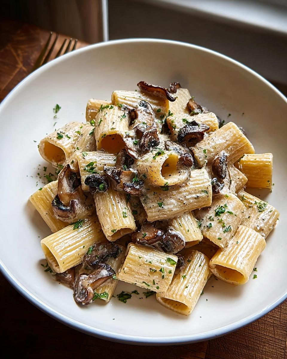 Nahaufnahme von Rigatoni in cremiger Pilzrahmsauce, garniert mit gehackter Petersilie.
