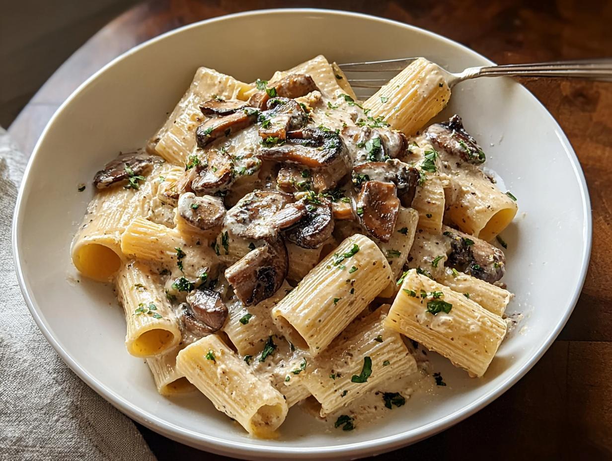 Nahaufnahme von Rigatoni in cremiger Pilzrahmsauce, garniert mit gebratenen Pilzen und Petersilie.