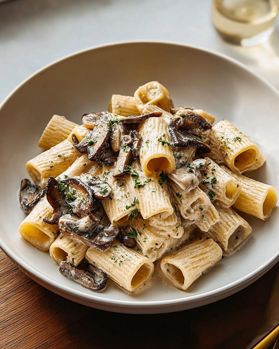 Nahaufnahme von Rigatoni in cremiger Pilzrahmsauce, garniert mit Pilzen und Petersilie.