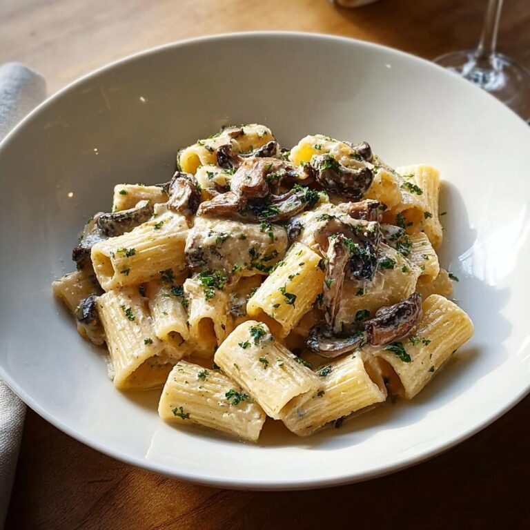 Nahaufnahme von Rigatoni in cremiger Pilzrahmsauce, garniert mit frischer Petersilie in einer weißen Schüssel.