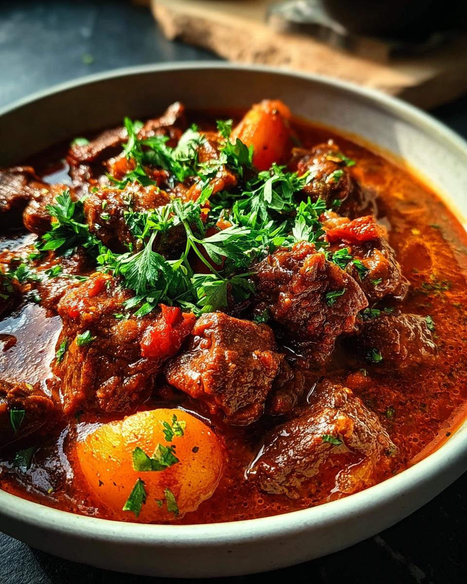 Nahaufnahme von saftigem Rindergulasch fix mit Kartoffeln in einer tiefen Schüssel, garniert mit frischer Petersilie.