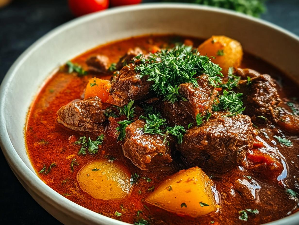 Nahaufnahme von Rindergulasch fix mit Kartoffeln in einer tiefen Schüssel, garniert mit Petersilie.