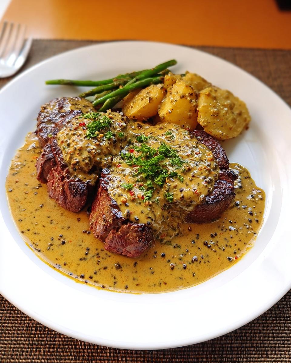 Zwei saftige Rinderstreifen bedeckt mit cremiger Pfefferrahmsauce, serviert mit Salzkartoffeln und grünem Spargel.