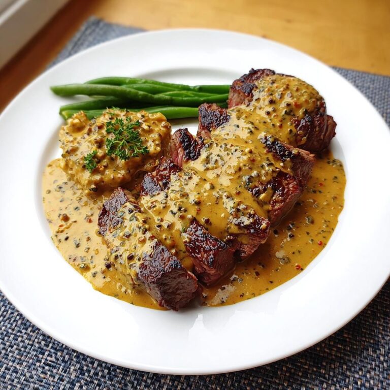 Geschnittenes Rindfleisch bedeckt mit cremiger Pfefferrahmsauce, serviert mit grünen Bohnen und Kartoffelpüree – Rinderstreifen in Pfefferrahmsauce.