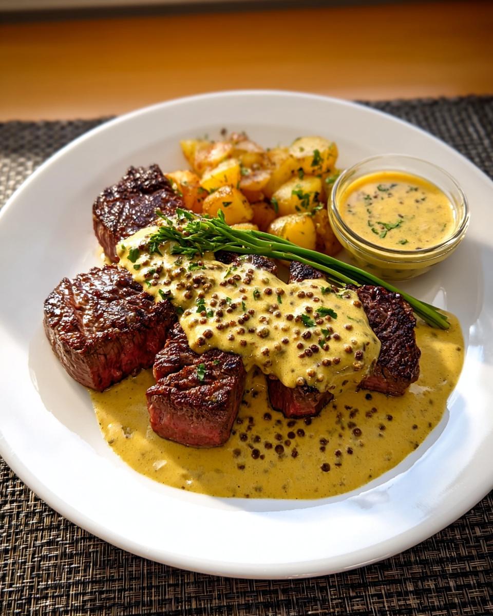 Zarte Rinderstreifen in Pfefferrahmsauce, serviert mit Bratkartoffeln und frischen Kräutern.