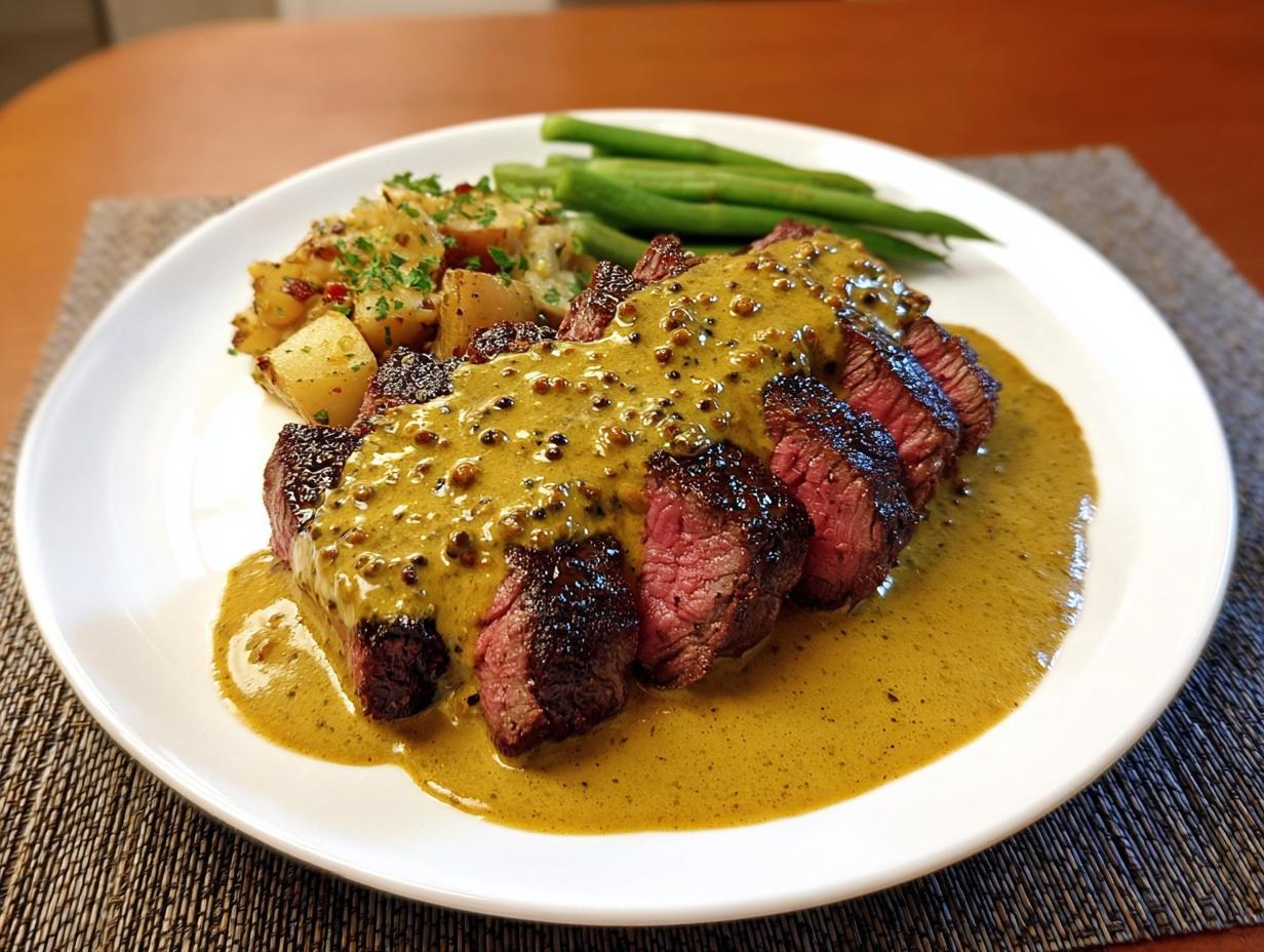 Geschnittenes Rinderfilet mit cremiger Pfefferrahmsauce, Bratkartoffeln und grünen Bohnen: Rinderstreifen in Pfefferrahmsauce.