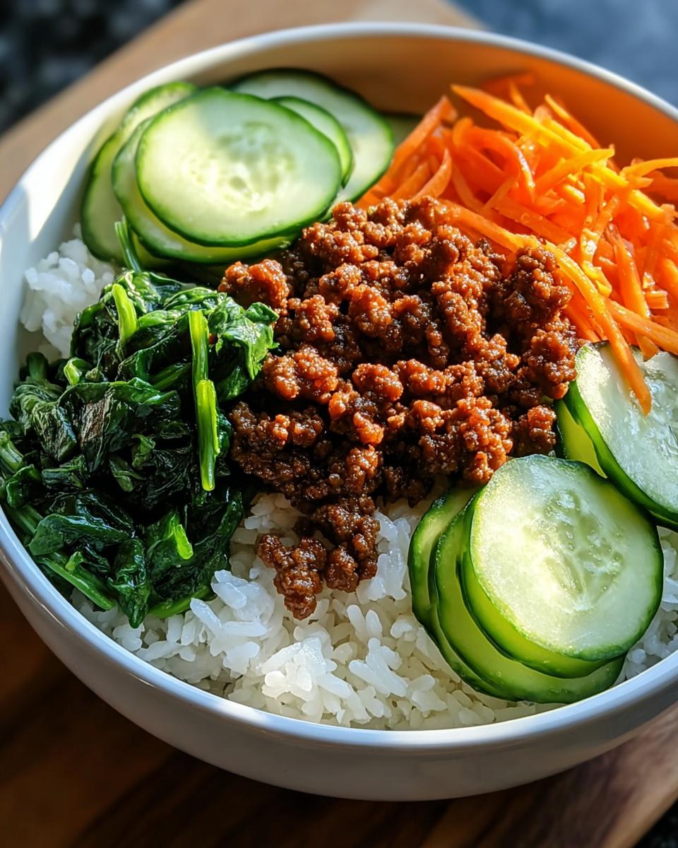 Nahaufnahme einer Rindfleisch-Bowl mit Reis, gewürztem Rinderhackfleisch, Spinat, Gurkenscheiben und Julienne-Karotten.