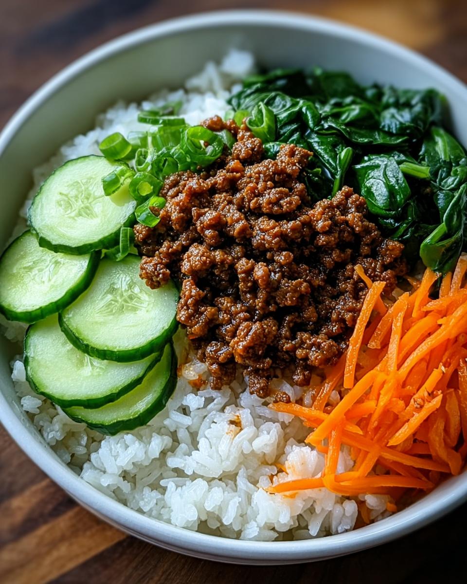 Nahaufnahme einer Rindfleisch-Bowl mit Reis, gewürztem Rindfleisch, Gurkenscheiben und Karottenstreifen.