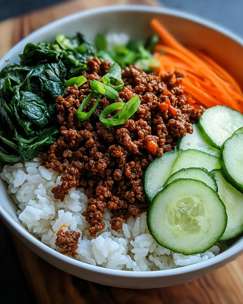 Nahaufnahme einer Rindfleisch-Bowl mit Reis, gewürztem Hackfleisch, Gurkenscheiben, Spinat und Karottenstreifen.