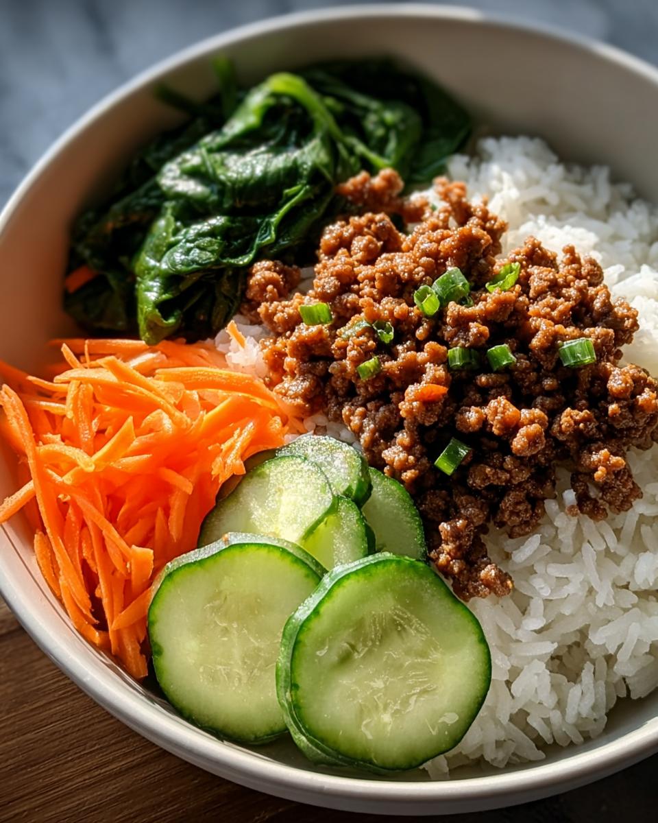 Nahaufnahme einer Rindfleisch-Bowl mit Reis, gewürztem Hackfleisch, Gurkenscheiben, Julienne-Karotten und Spinat.