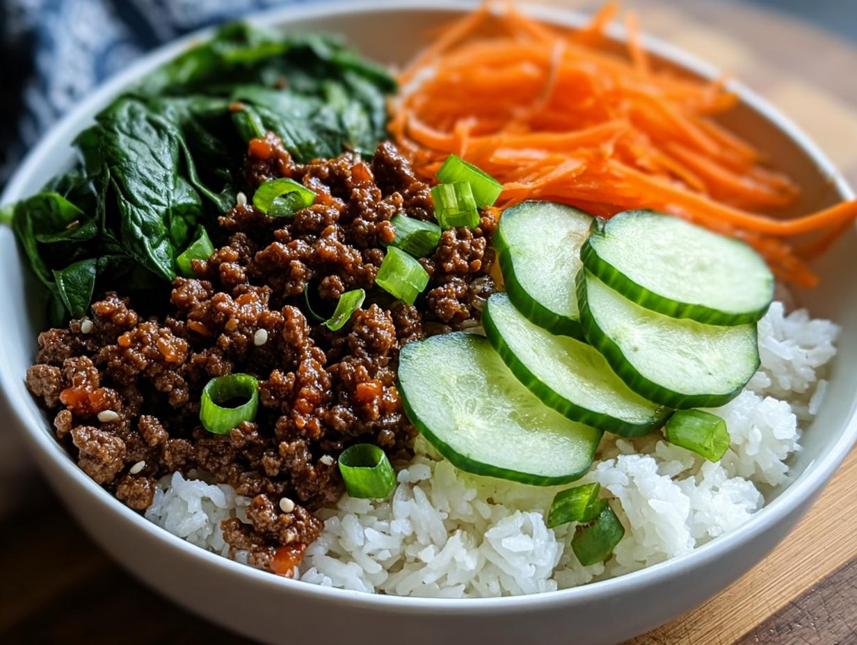 Nahaufnahme einer Rindfleisch-Bowl mit Reis, gewürztem Hackfleisch, Gurkenscheiben, Spinat und Karottenstreifen.
