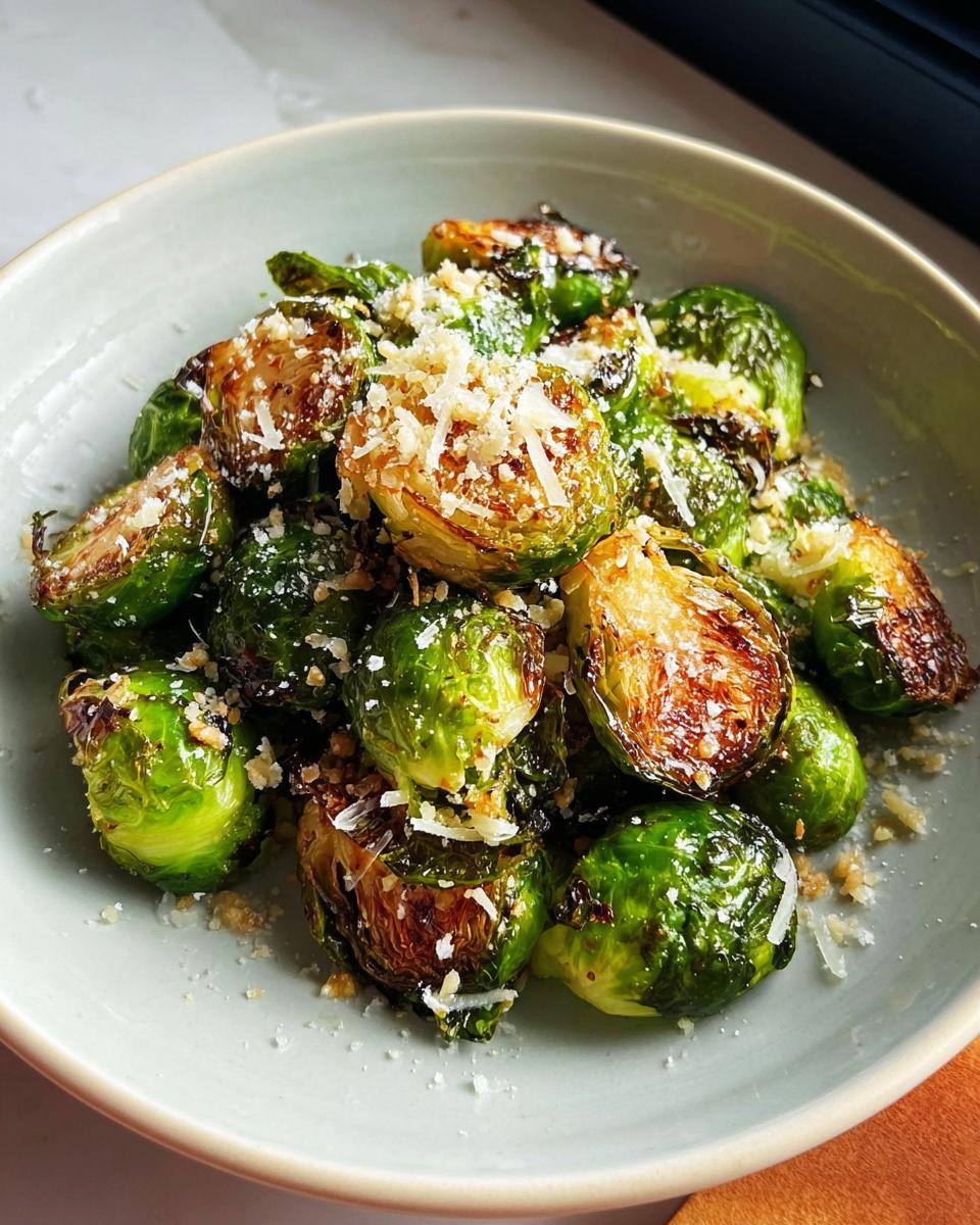Nahaufnahme von knusprigem Rosenkohl aus dem Ofen mit Parmesan bestreut in einer hellen Schüssel.