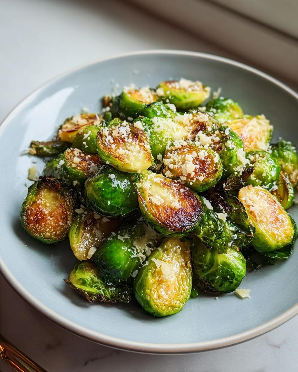Gerösteter Rosenkohl aus dem Ofen mit Parmesan bestreut in einer grauen Schüssel.