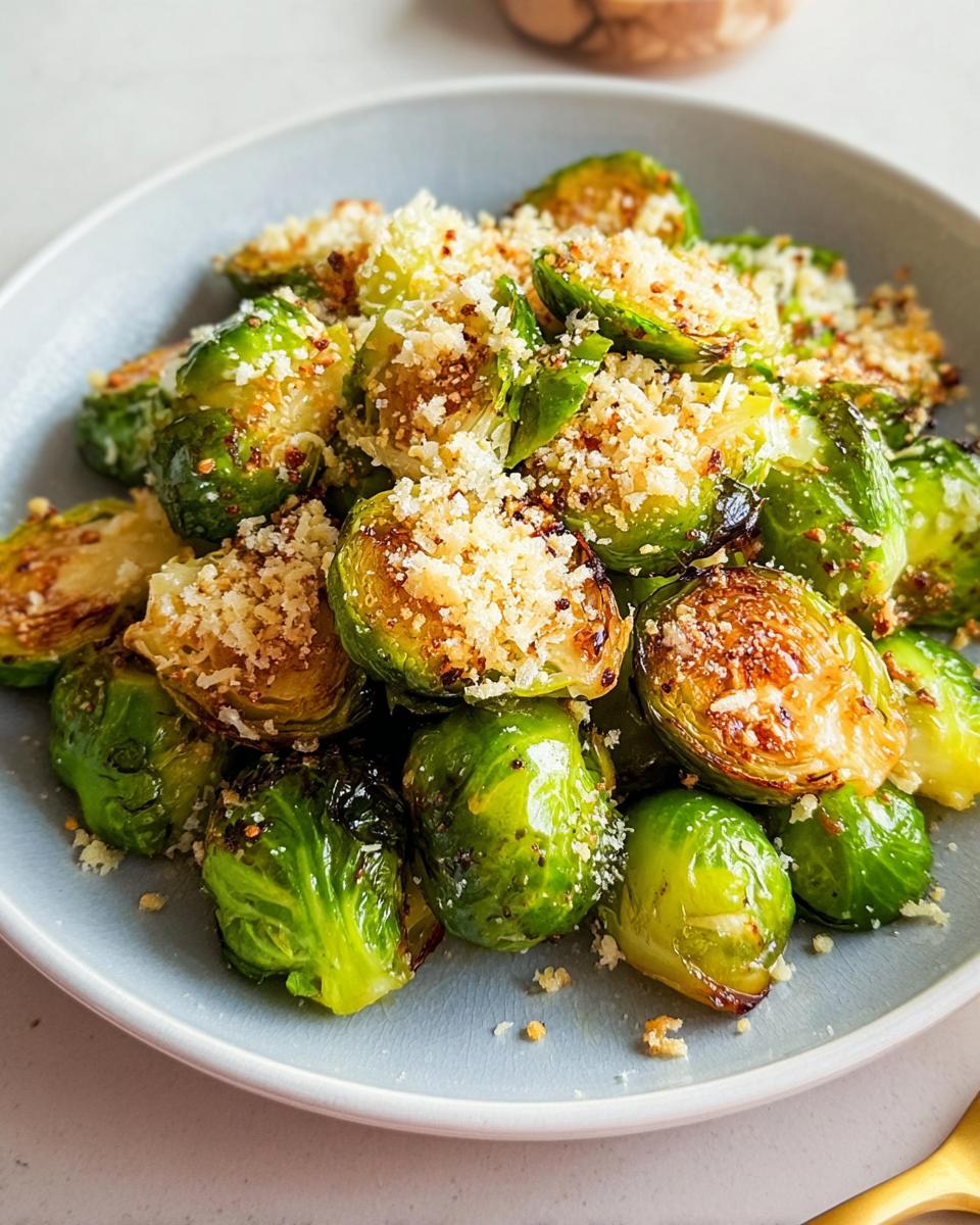 Gerösteter Rosenkohl aus dem Ofen mit Parmesan-Streusel auf einem grauen Teller.