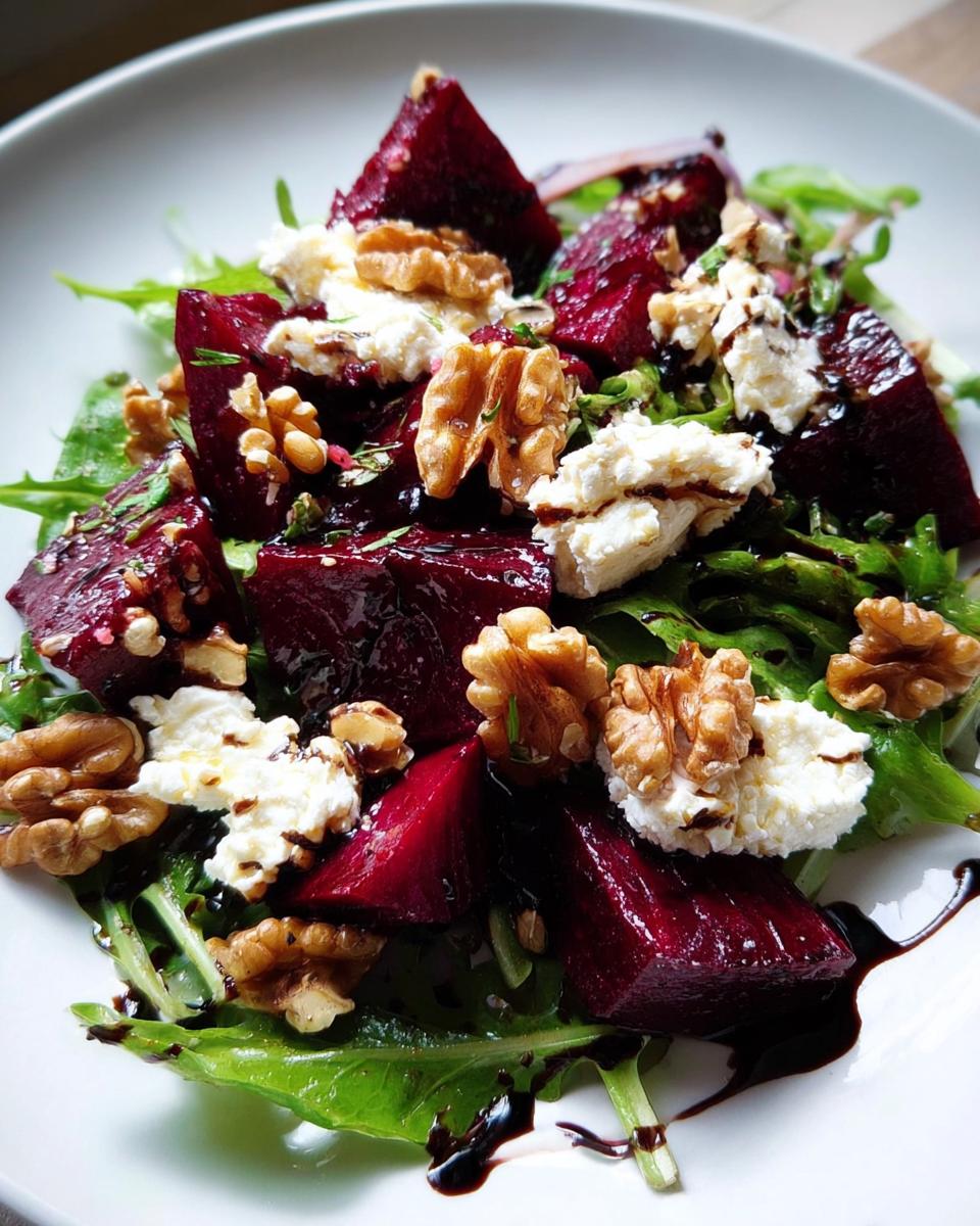 Nahaufnahme eines Rote-Bete-Salat mit Ziegenkäse, Walnüssen und Balsamico-Dressing auf grünem Salat.