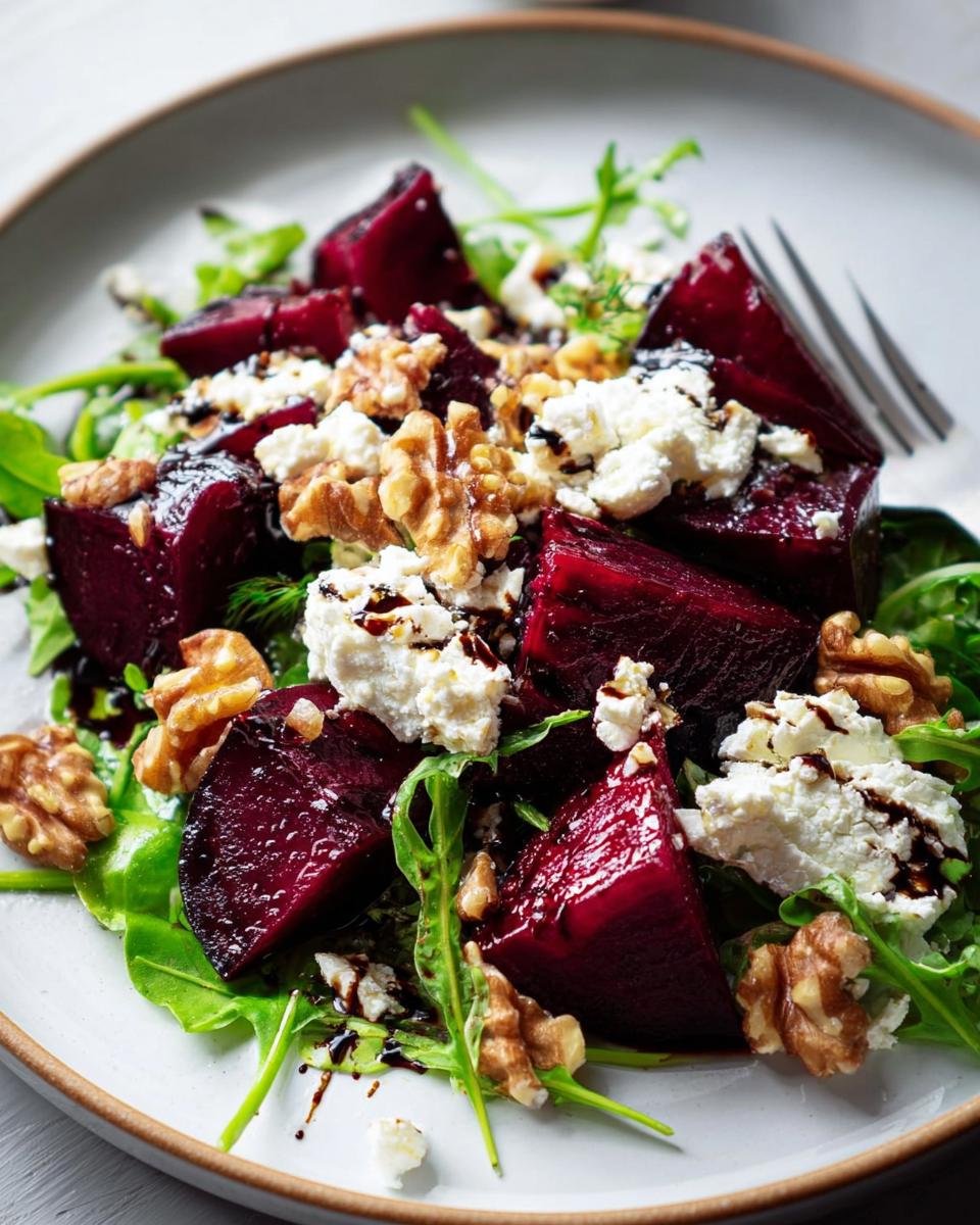 Nahaufnahme von Rote-Bete-Salat mit Ziegenkäse, Walnüssen und Rucola, beträufelt mit Balsamico-Glasur.