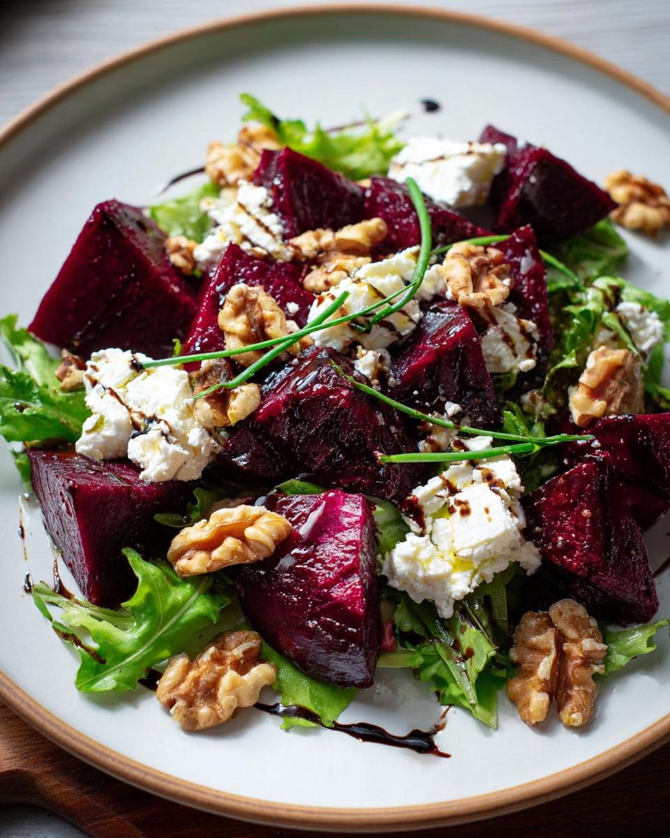 Nahaufnahme eines Rote-Bete-Salat mit Ziegenkäse, Walnüssen und Balsamico-Dressing auf einem Teller.