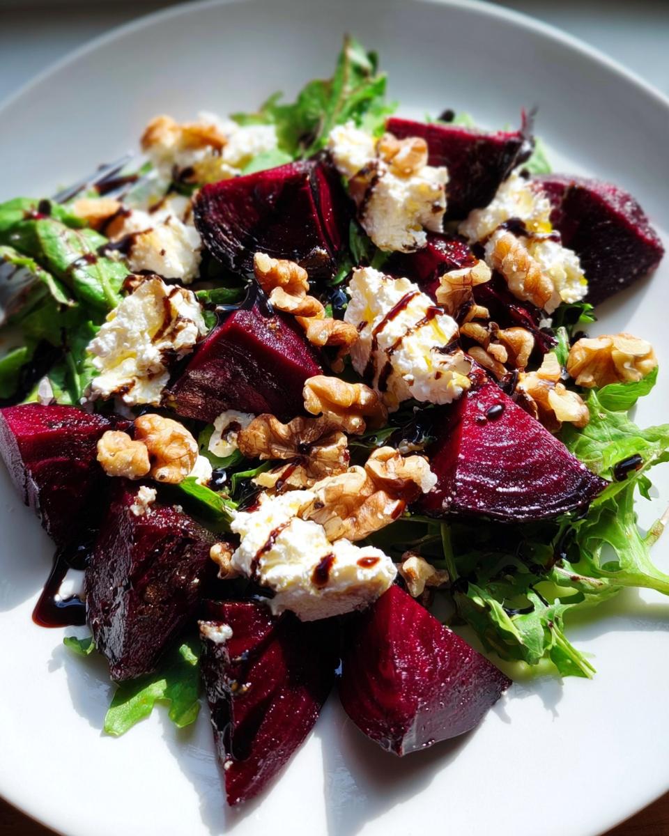 Nahaufnahme eines Rote-Bete-Salat mit Ziegenkäse, Walnüssen und Balsamico-Dressing auf grünem Salat.