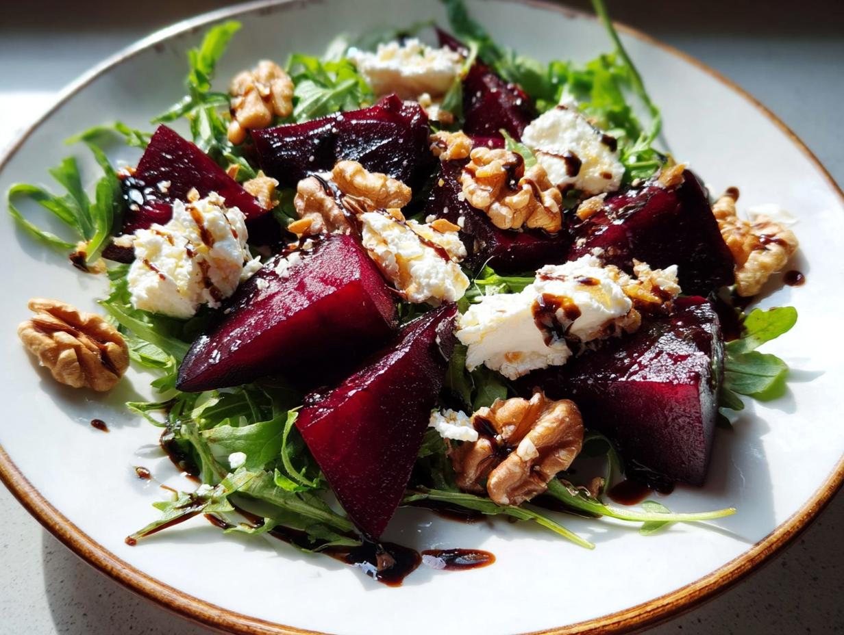 Nahaufnahme eines Rote-Bete-Salat mit Ziegenkäse, Walnüssen und Rucola auf einem weißen Teller.