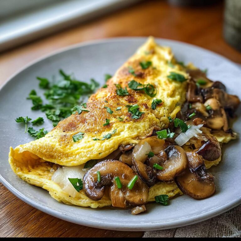 Ein gefaltetes Omelett, gefüllt mit gebratenen Pilzen und Zwiebeln, garniert mit Schnittlauch, als Rührei deluxe mit Pilzen & Schnittlauch.