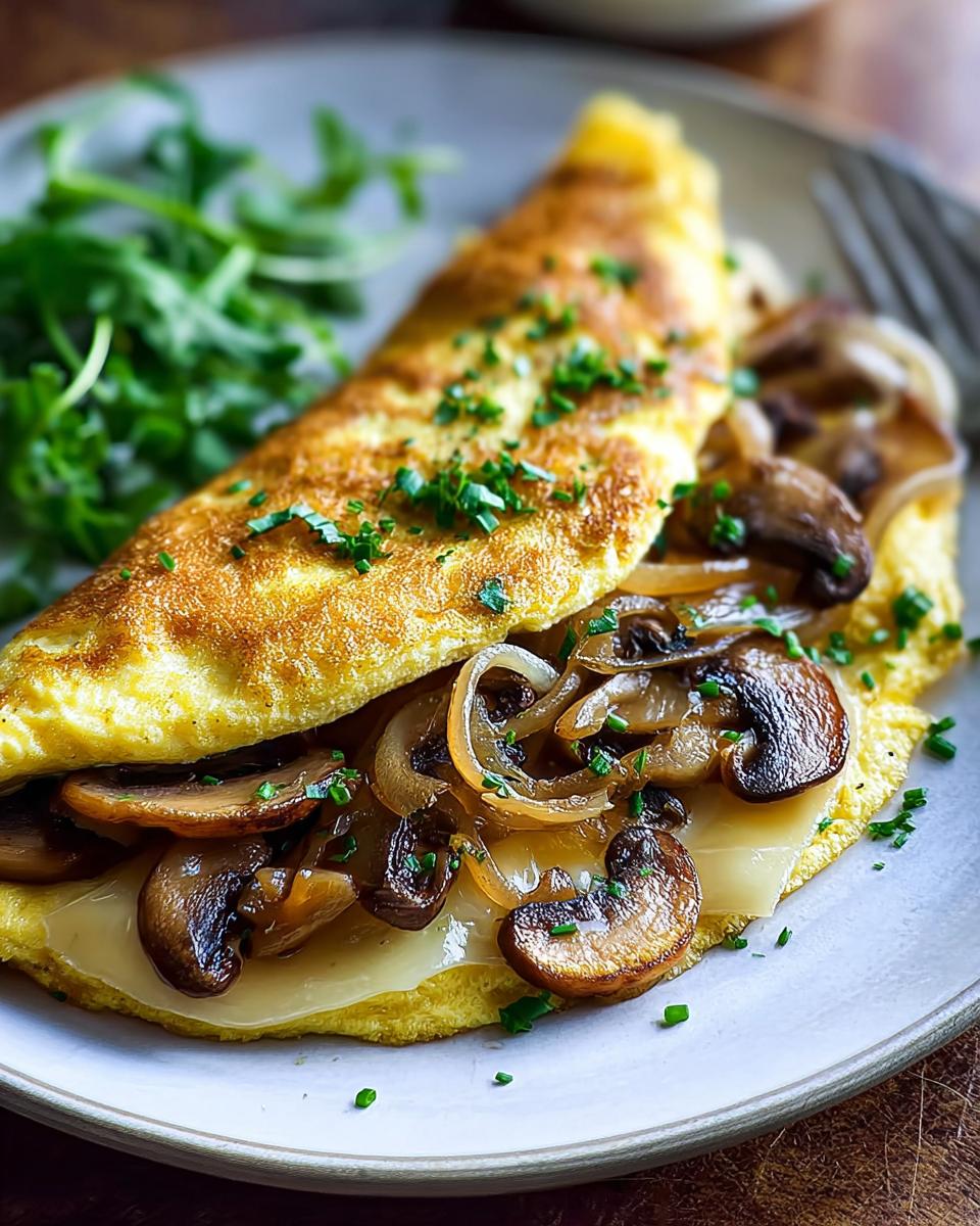 Ein gefaltetes Omelett gefüllt mit geschmolzenem Käse, gebratenen Pilzen und Zwiebeln, garniert mit Schnittlauch – Rührei deluxe mit Pilzen & Schnittlauch.