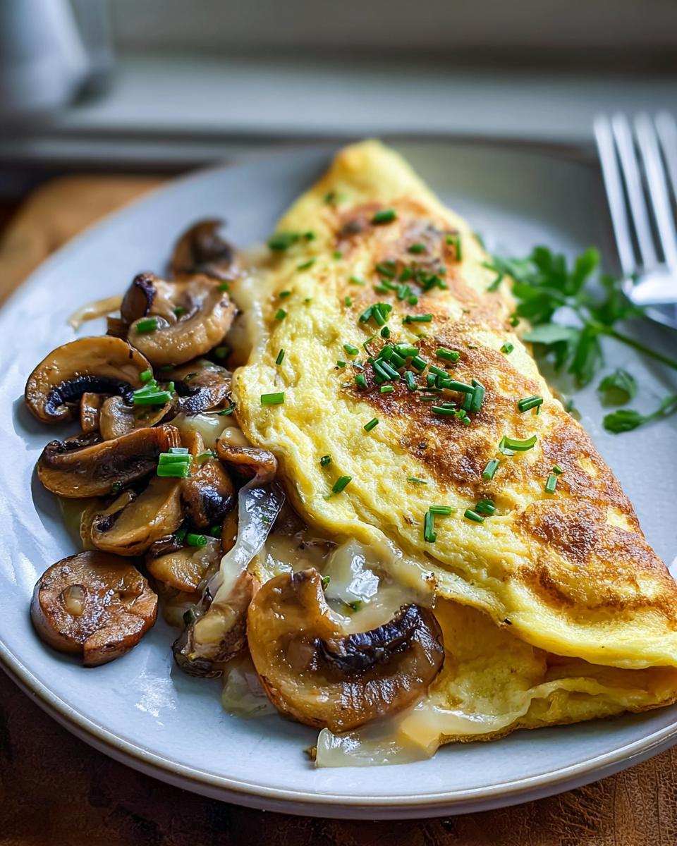 Gefaltetes Omelett mit gebratenen Pilzen und geschmolzenem Käse, garniert mit Schnittlauch: Rührei deluxe mit Pilzen & Schnittlauch.