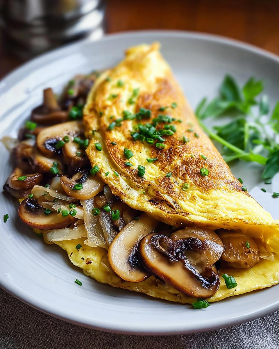 Gefaltetes Omelett gefüllt mit gebratenen Pilzen und Zwiebeln, bestreut mit Schnittlauch: Rührei deluxe mit Pilzen & Schnittlauch.