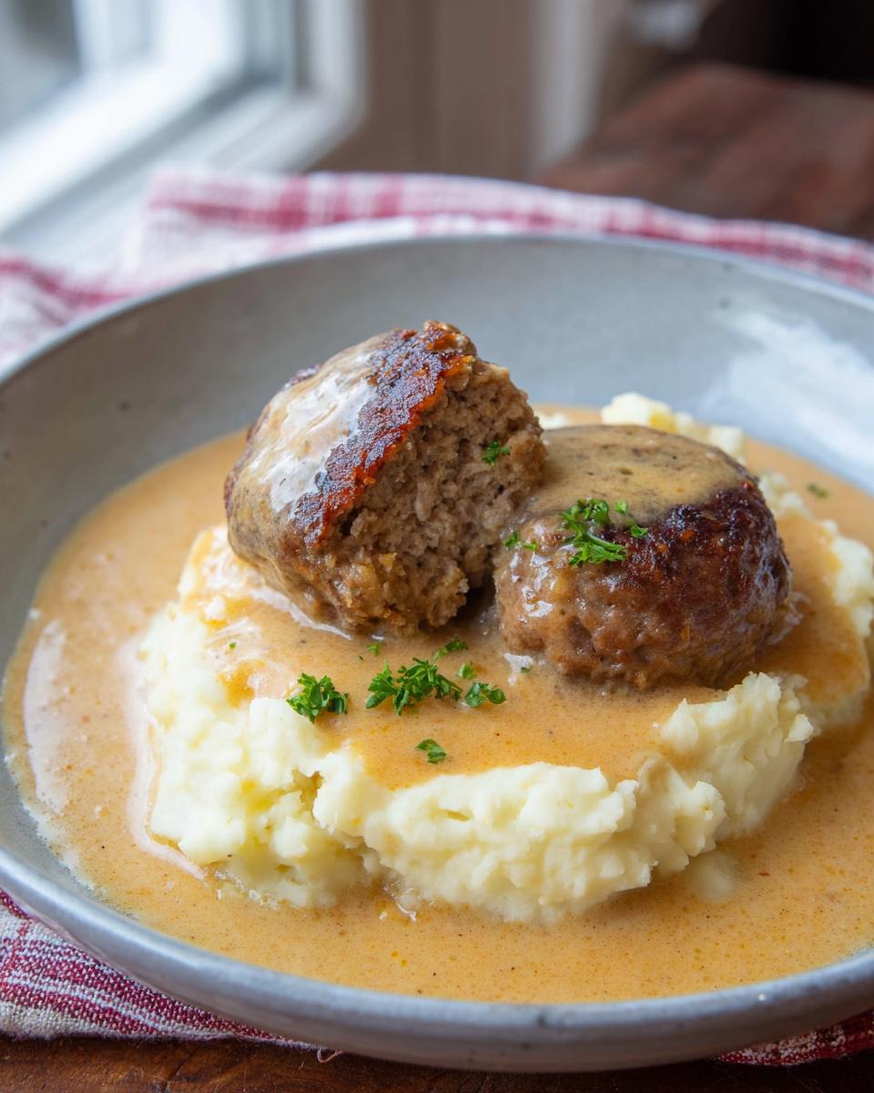 Zwei saftige Frikadellen auf Kartoffelpüree, übergossen mit brauner Soße und Petersilie.