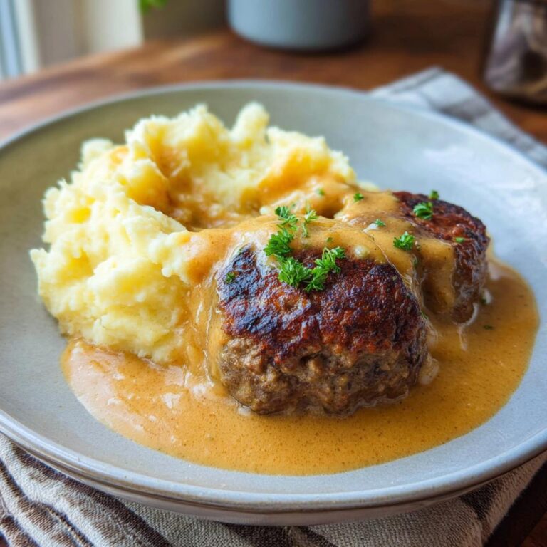 Zwei gebratene Saftige Frikadellen mit Kartoffelpüree und reichlich brauner Soße, garniert mit Petersilie.