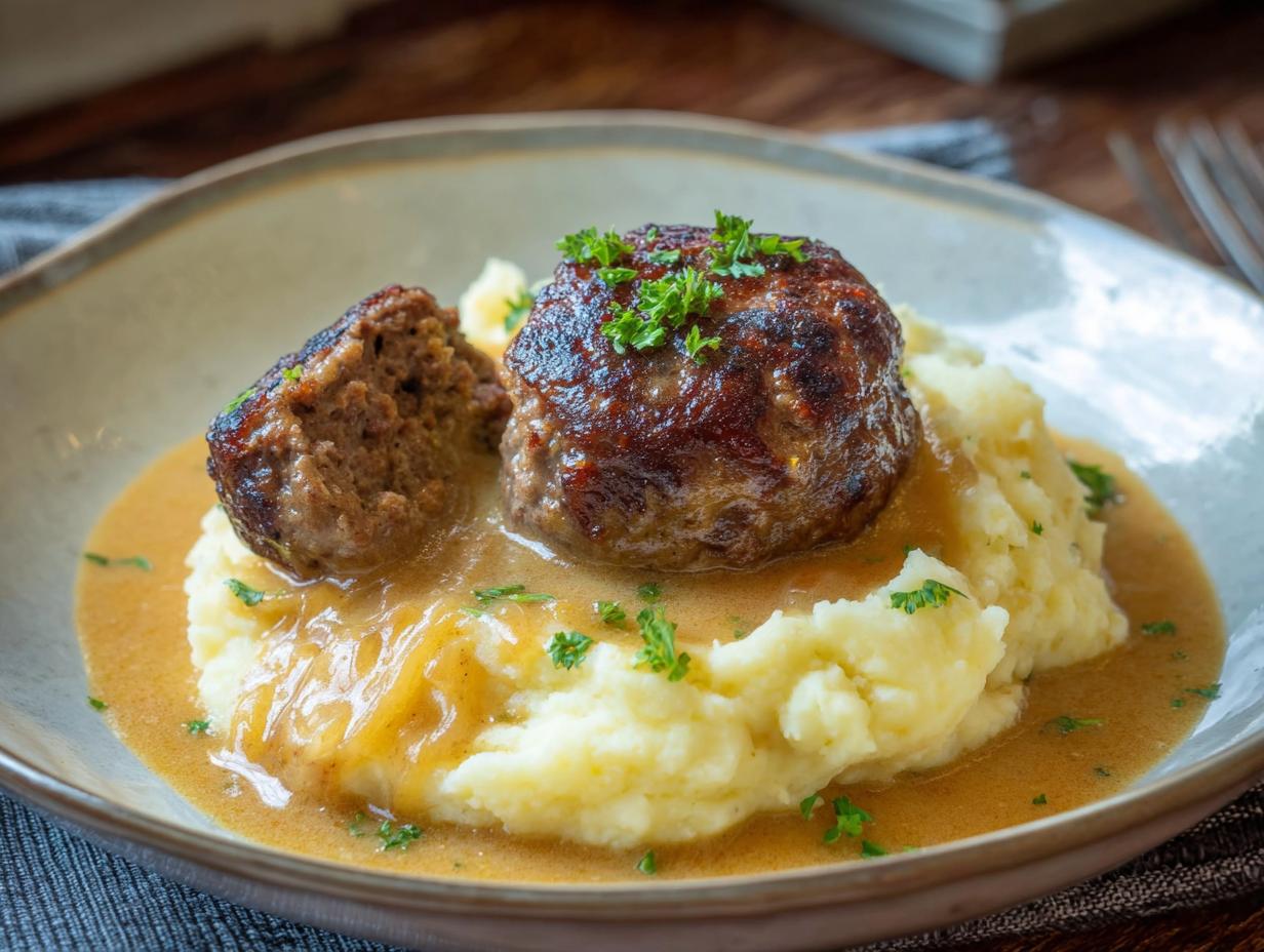 Zwei saftige Frikadellen auf cremigem Kartoffelpüree, bedeckt mit brauner Soße und Petersilie.