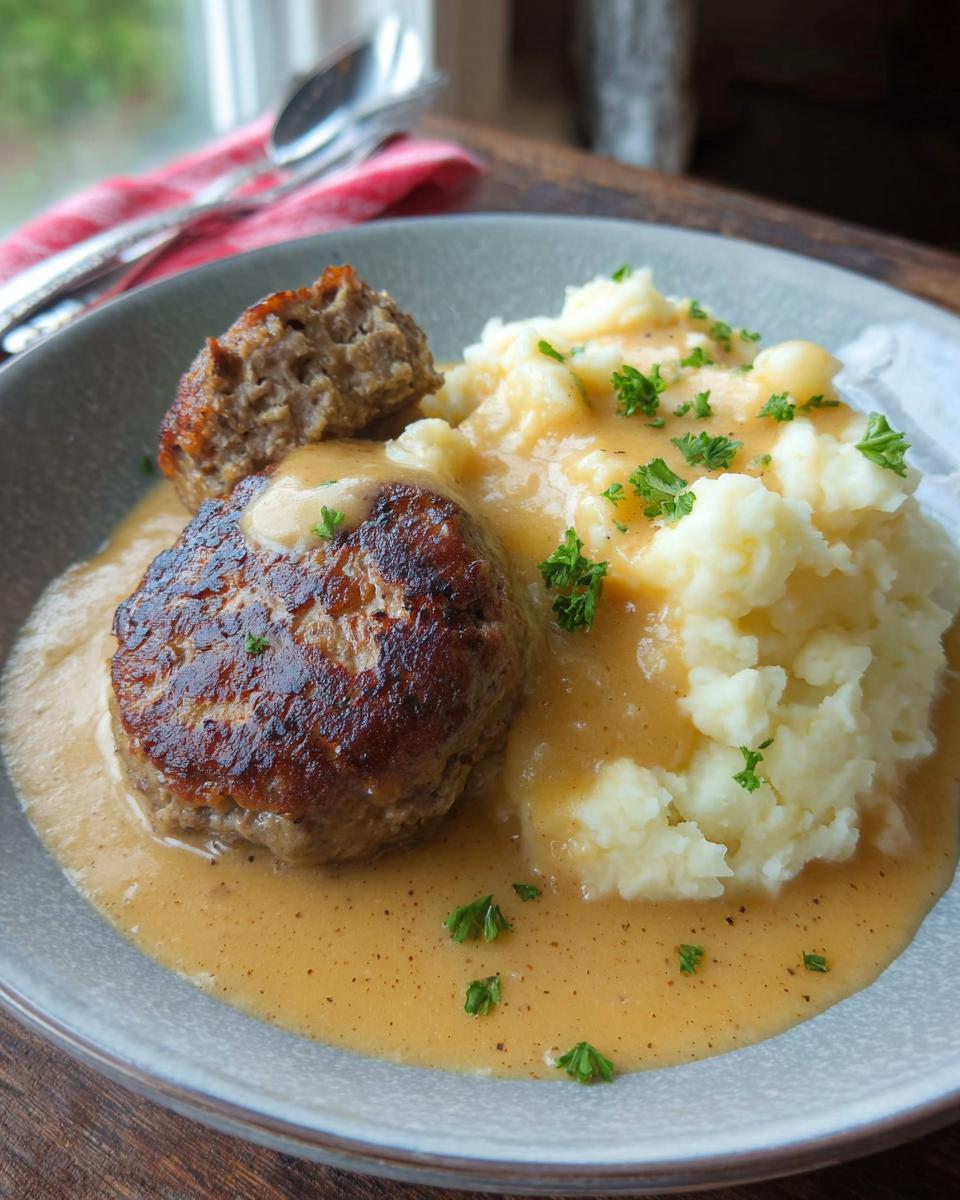 Zwei gebratene Saftige Frikadellen mit cremigem Kartoffelpüree und brauner Soße, garniert mit Petersilie.