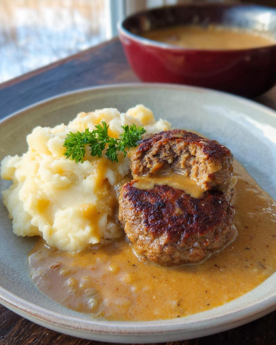 Zwei gestapelte, saftige Frikadellen mit Kartoffelpüree und brauner Soße, garniert mit Petersilie.