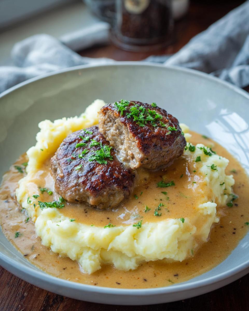Zwei aufgeschnittene, saftige Frikadellen auf Kartoffelpüree, bedeckt mit brauner Soße und Petersilie.