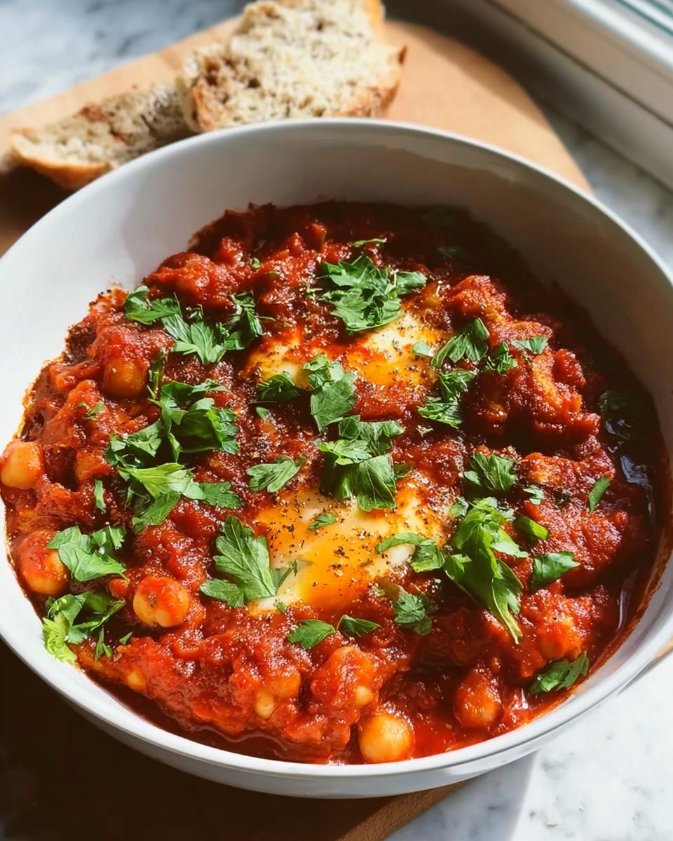 Eine weiße Schüssel gefüllt mit leuchtend roter Shakshuka mit Kichererbsen und pochierten Eiern, garniert mit frischer Petersilie.