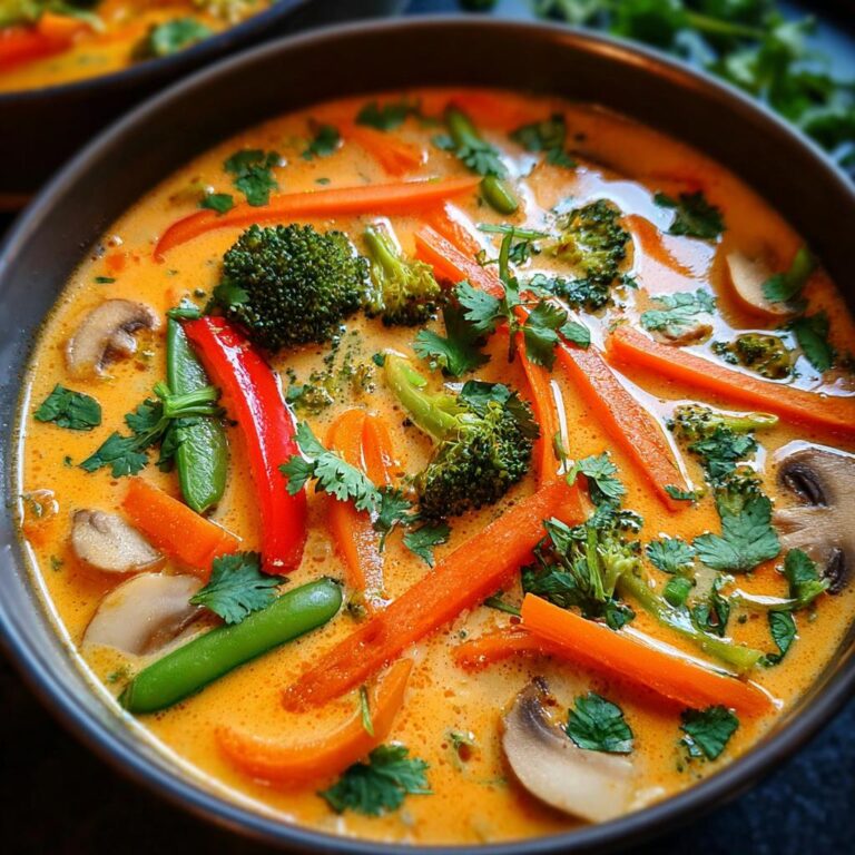 Nahaufnahme einer Schüssel mit Schnelle Gemüse-Thai-Curry-Suppe, gefüllt mit Karotten, Brokkoli und Pilzen.