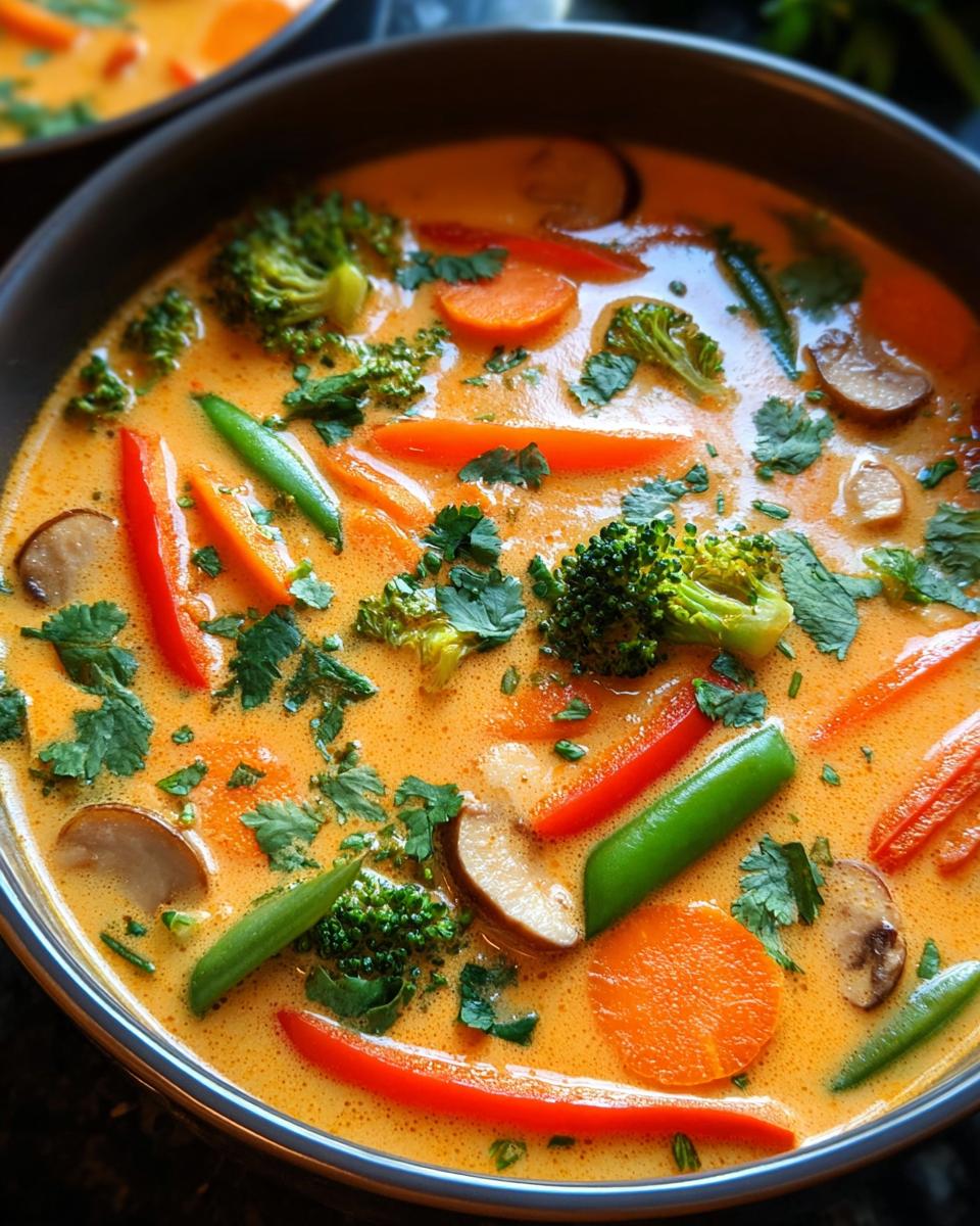 Nahaufnahme einer leuchtend orangefarbenen Schnelle Gemüse-Thai-Curry-Suppe mit Brokkoli, Karotten und Pilzen.