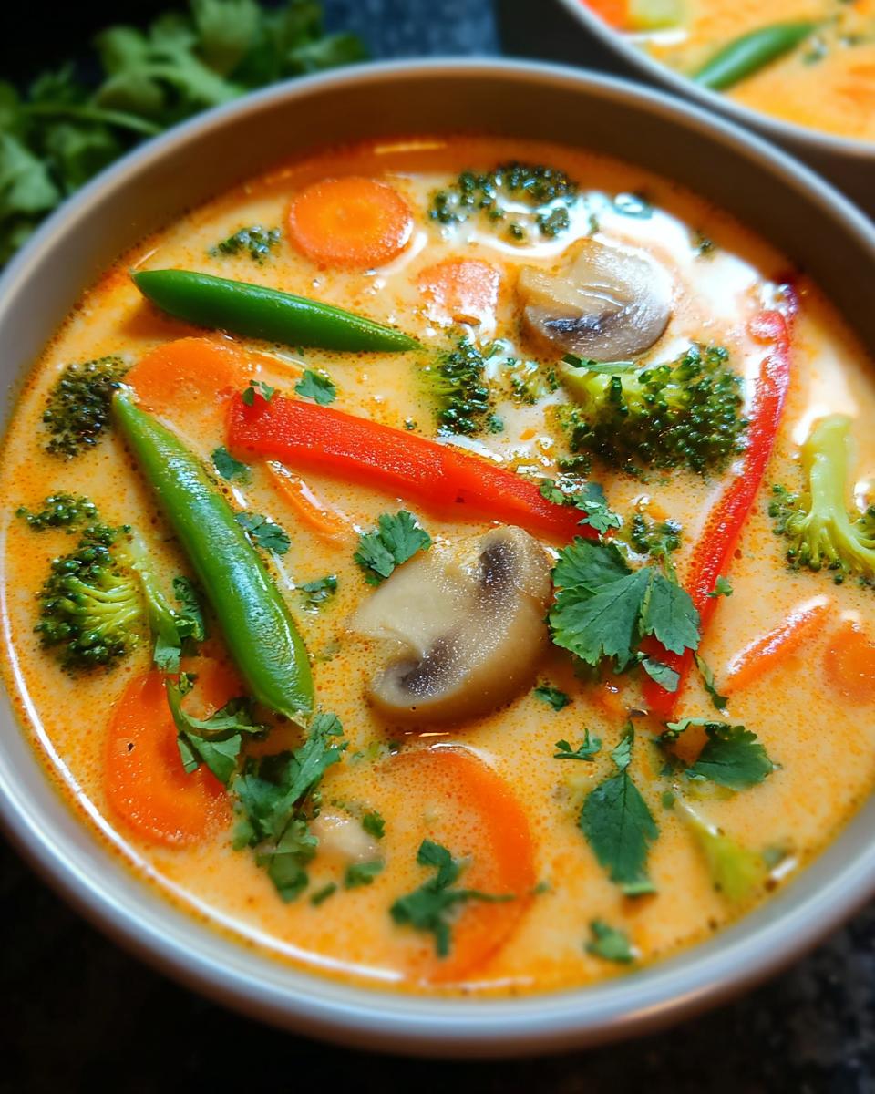 Nahaufnahme einer cremigen Schnelle Gemüse-Thai-Curry-Suppe mit Karotten, Brokkoli, Pilzen und Koriander.