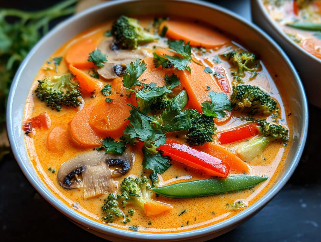 Nahaufnahme einer Schüssel mit leuchtend oranger Schnelle Gemüse-Thai-Curry-Suppe, gefüllt mit Karotten, Brokkoli und Pilzen.