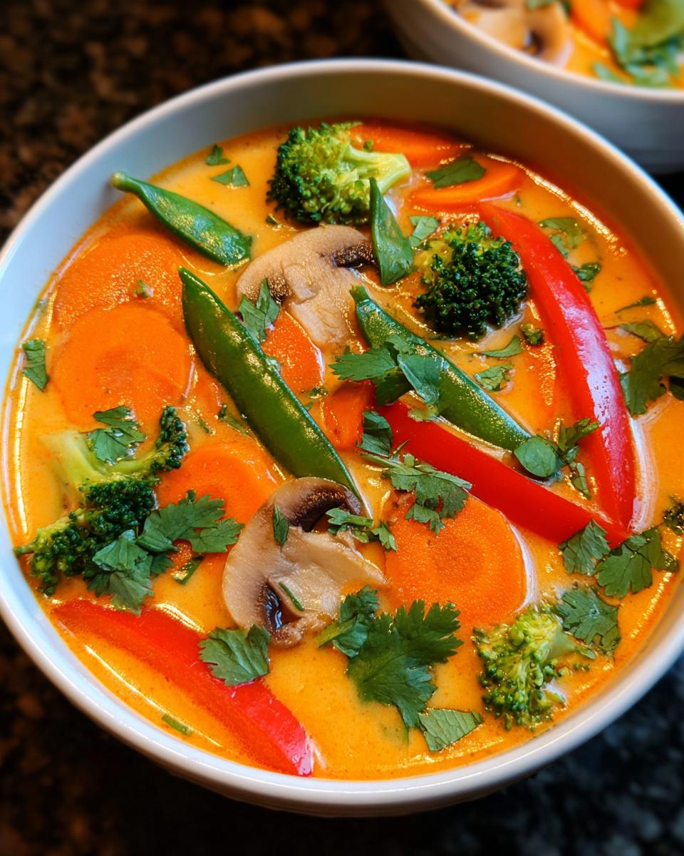 Nahaufnahme einer Schüssel mit leuchtend orangefarbener Schnelle Gemüse-Thai-Curry-Suppe, gefüllt mit Karotten, Pilzen und Brokkoli.