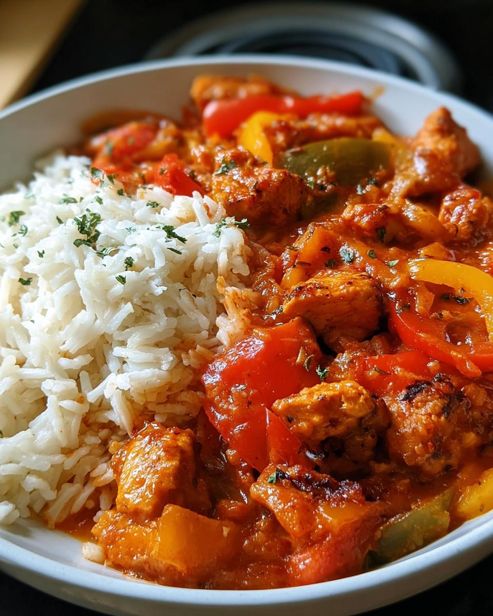 Nahaufnahme einer Schnelle Hähnchen-Gemüse-Pfanne mit Reis, garniert mit Petersilie.