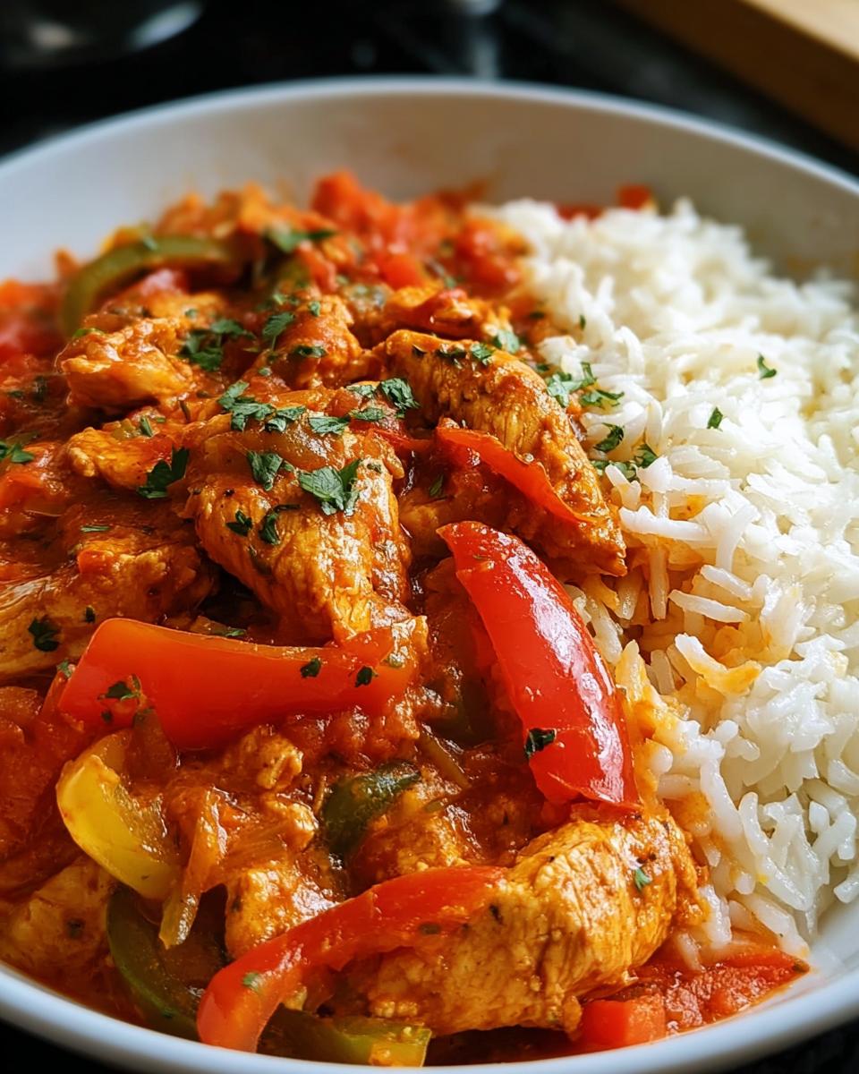 Nahaufnahme einer Schnelle Hähnchen-Gemüse-Pfanne mit Reis, garniert mit Petersilie.